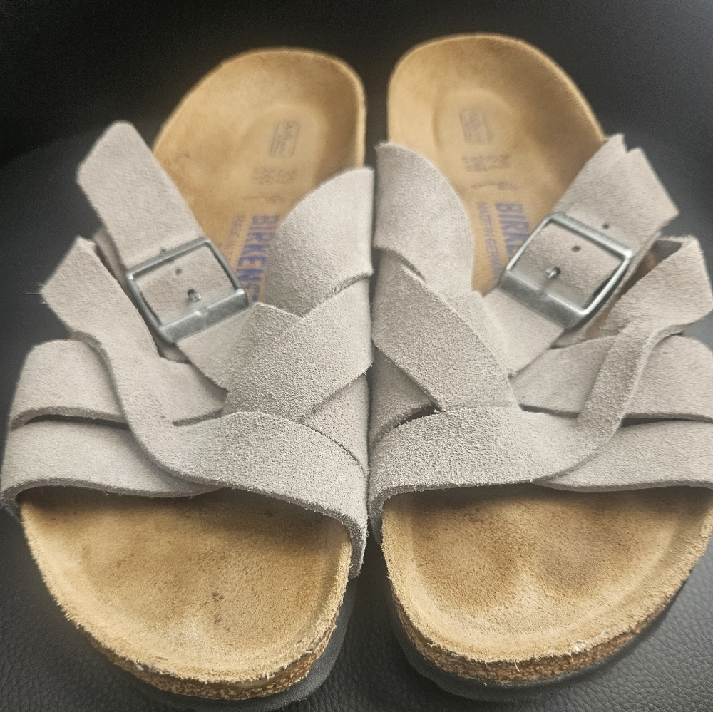 Birkenstock Lugano Soft Footbed Womens 6 Taupe Soft Leather Sandals Slides